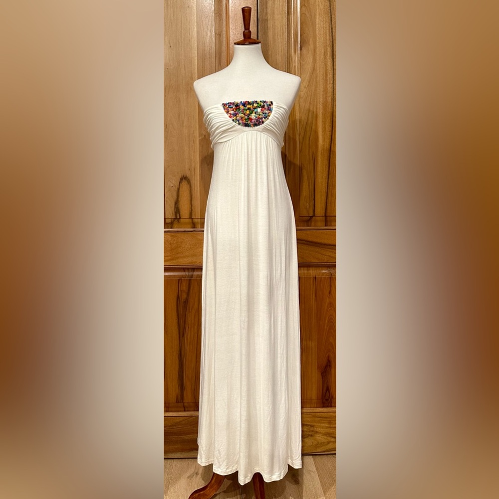 VTG Amore Beaded Bodice Detail Off-White Ruched/Stretch Strapless Sundress EUC S
